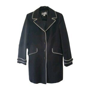 Ann Taylor Pea Coat Black Piping  M Brushed Cotton Preppy Nautical